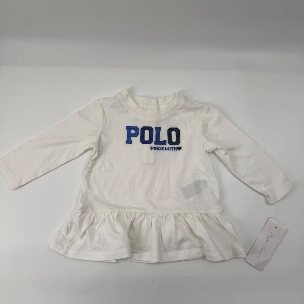 Ralph Lauren Baby Girls White Peplum Long Sleeve Polo Graphic Top 6M